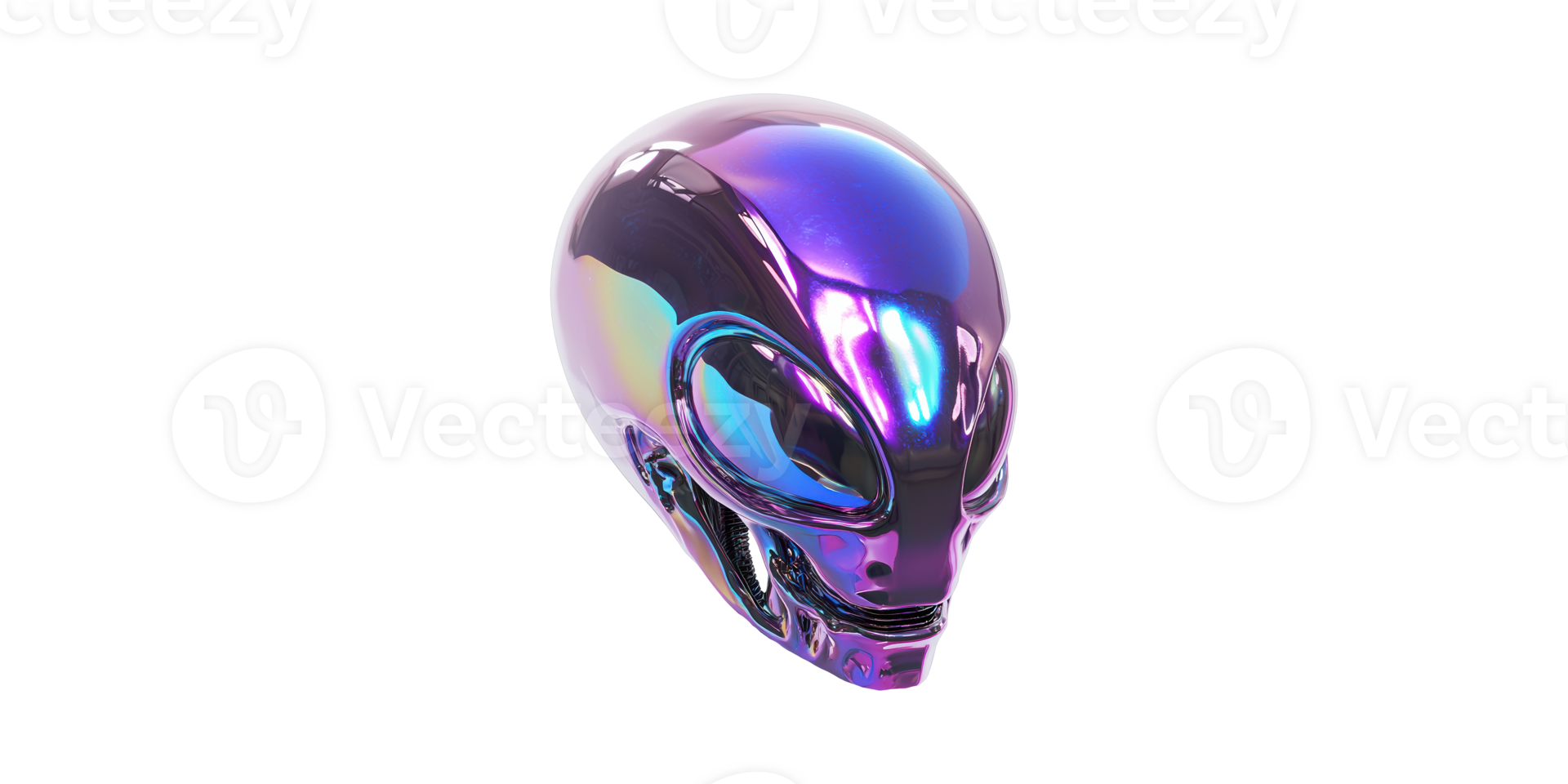 Futuristic alien head sculpture with metallic iridescent surface set isolated on transparent background png