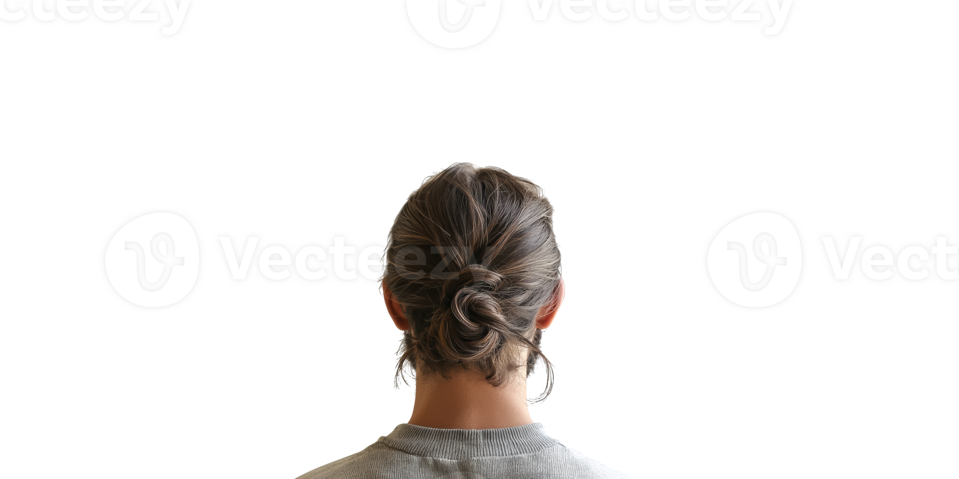 Back view of woman's head with brown hair in a bun isolated on transparent background png