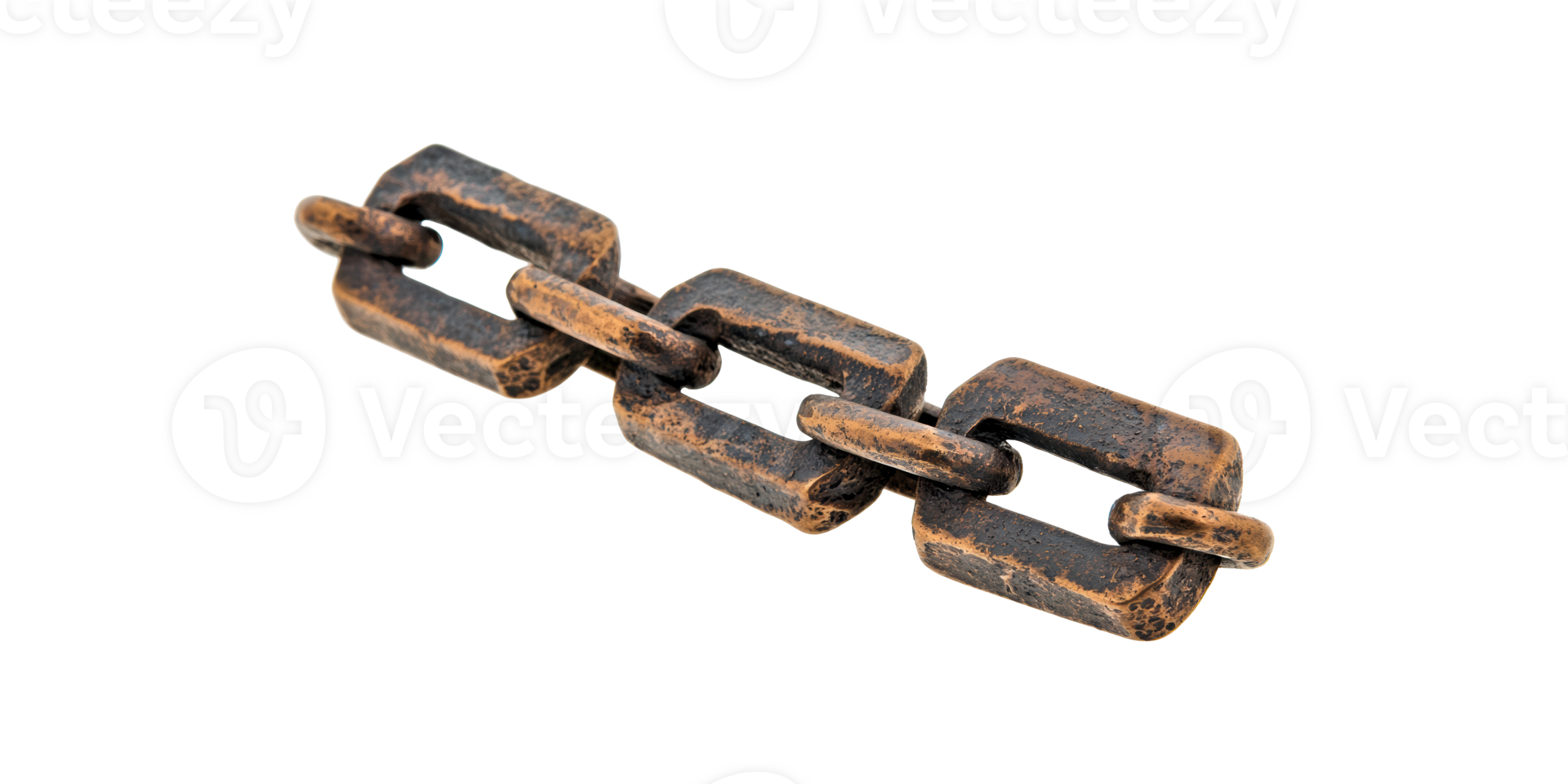 Three rusted metal chain links connected isolated on transparent background png