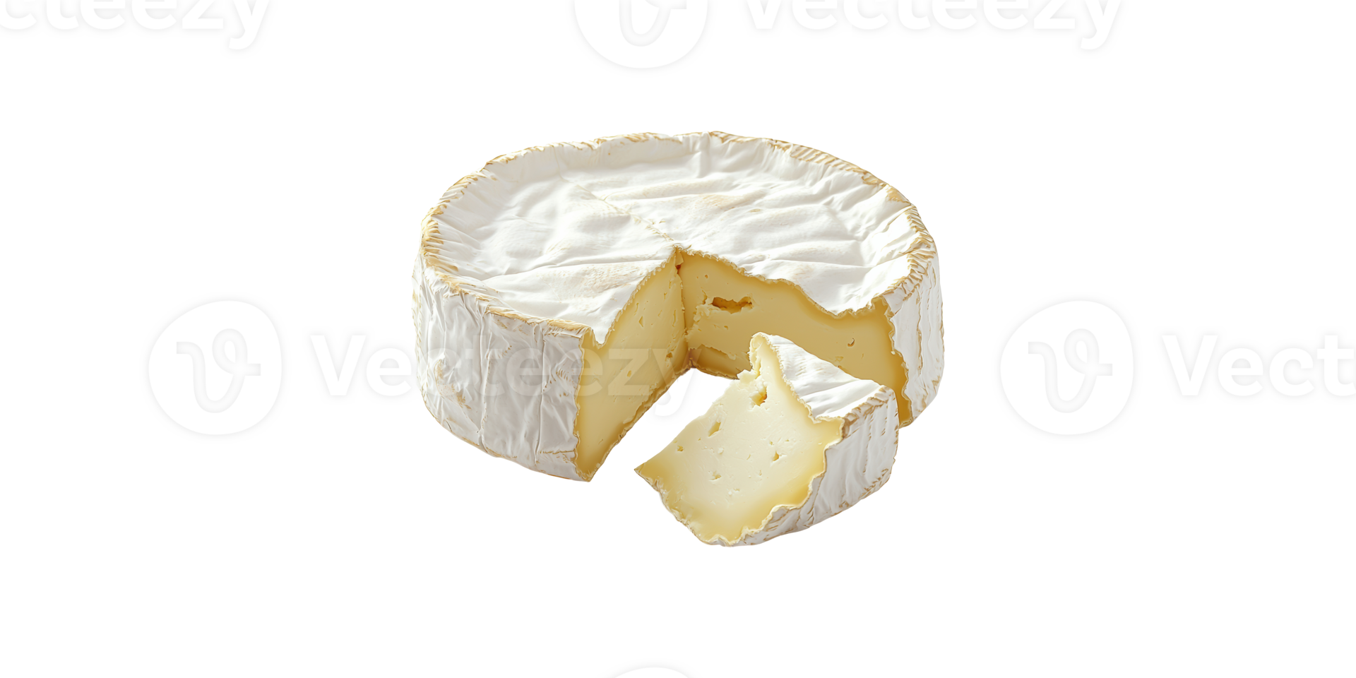 Round soft cheese with one wedge removed isolated on transparent background png