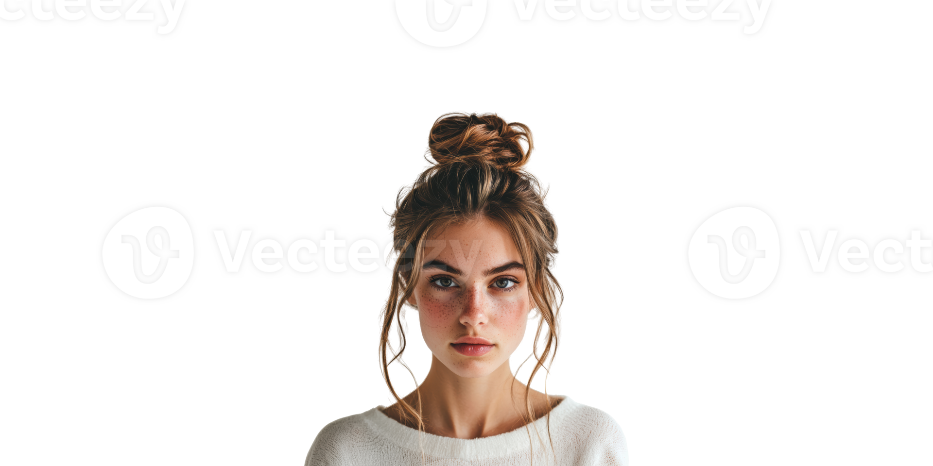 Portrait of a young woman with freckles and stylish bun on transparent background png