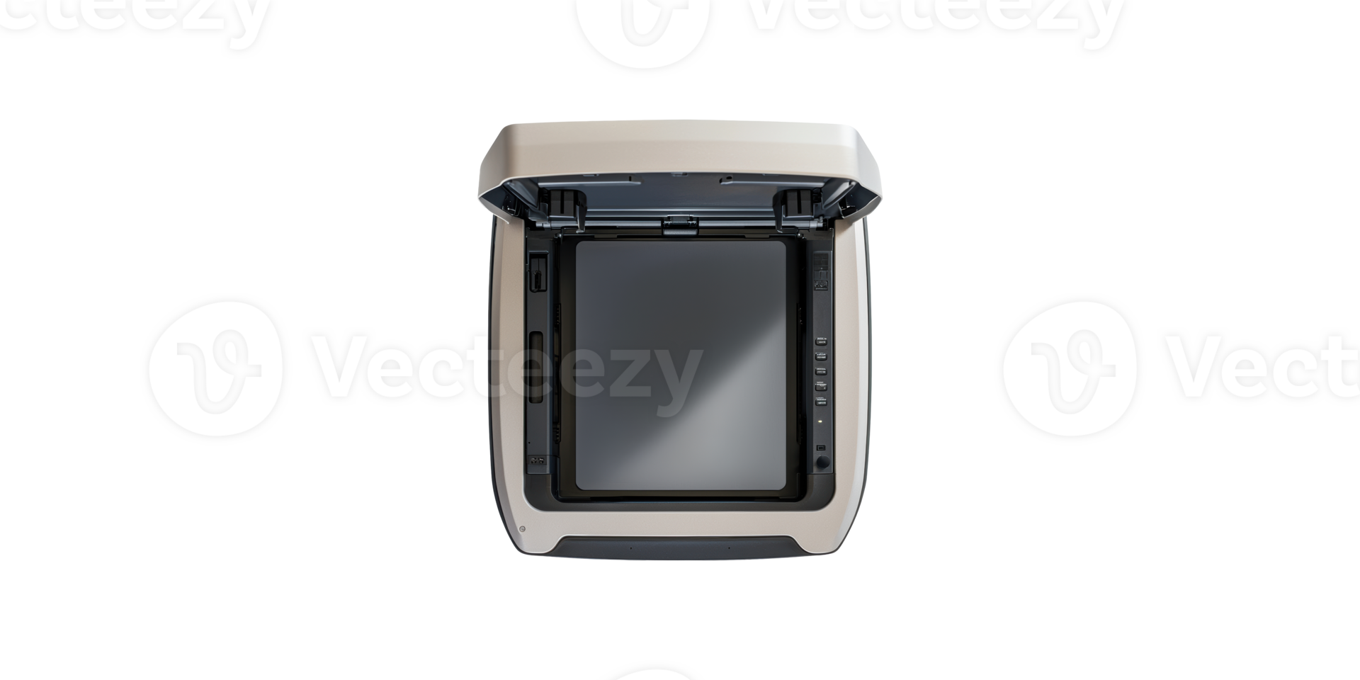 Top view of modern open scanner with lid raised isolated on transparent background png