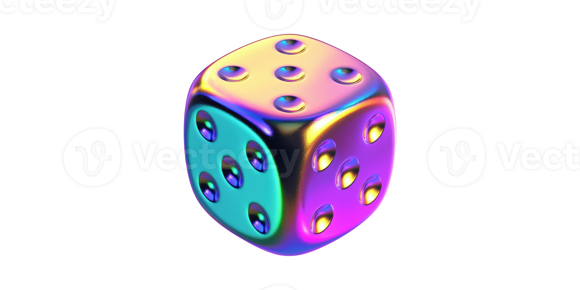 Iridescent multicolored dice with rounded edges set isolated on transparent background png