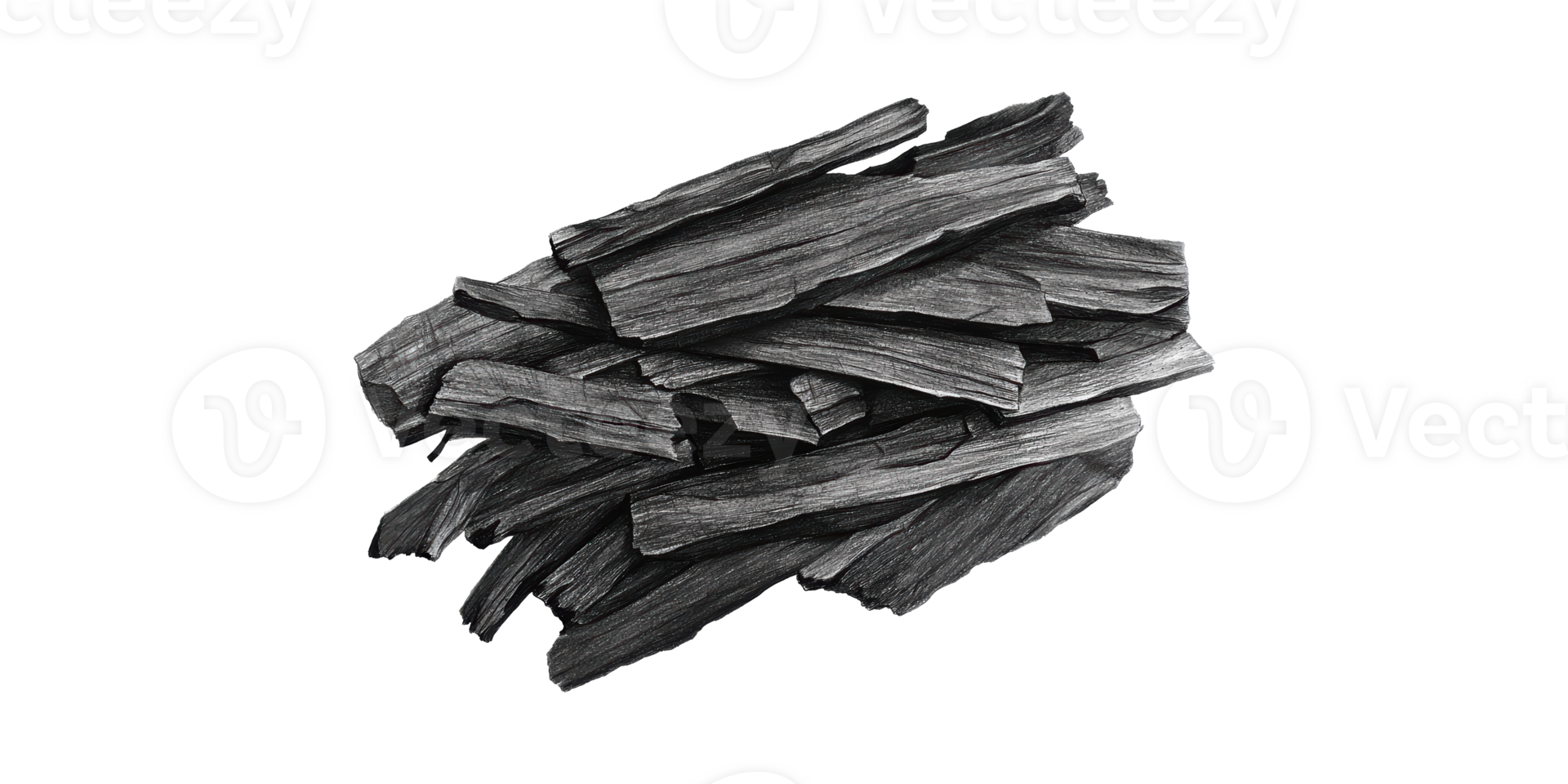 Black charcoal wood pieces for drawing and grilling isolated on transparent background png