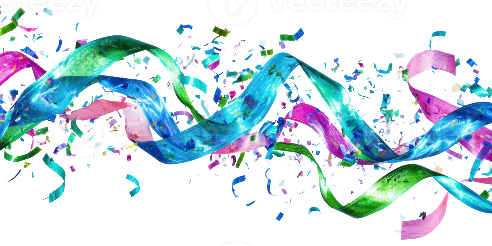 Colorful party ribbons and confetti curved in motion isolated on transparent background png