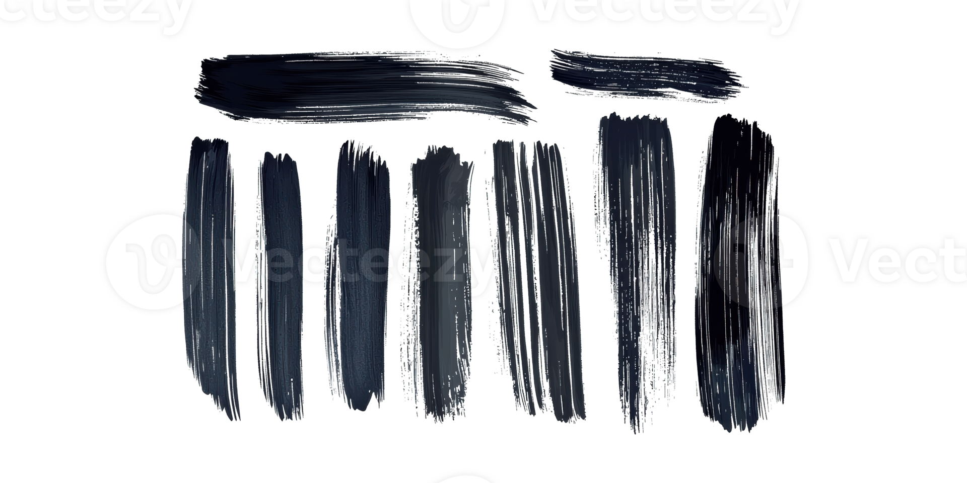Black paint brush strokes of various sizes and styles isolated on transparent background png