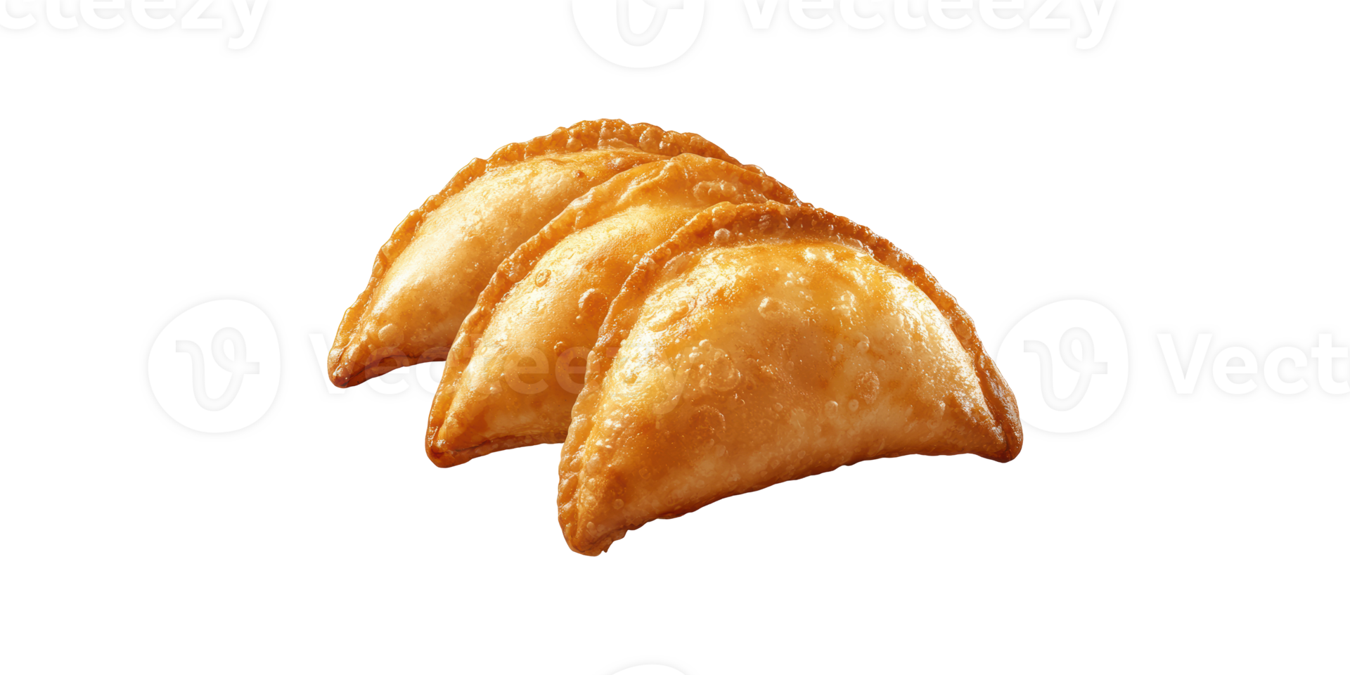 Three golden fried empanadas with crispy texture isolated on transparent background png