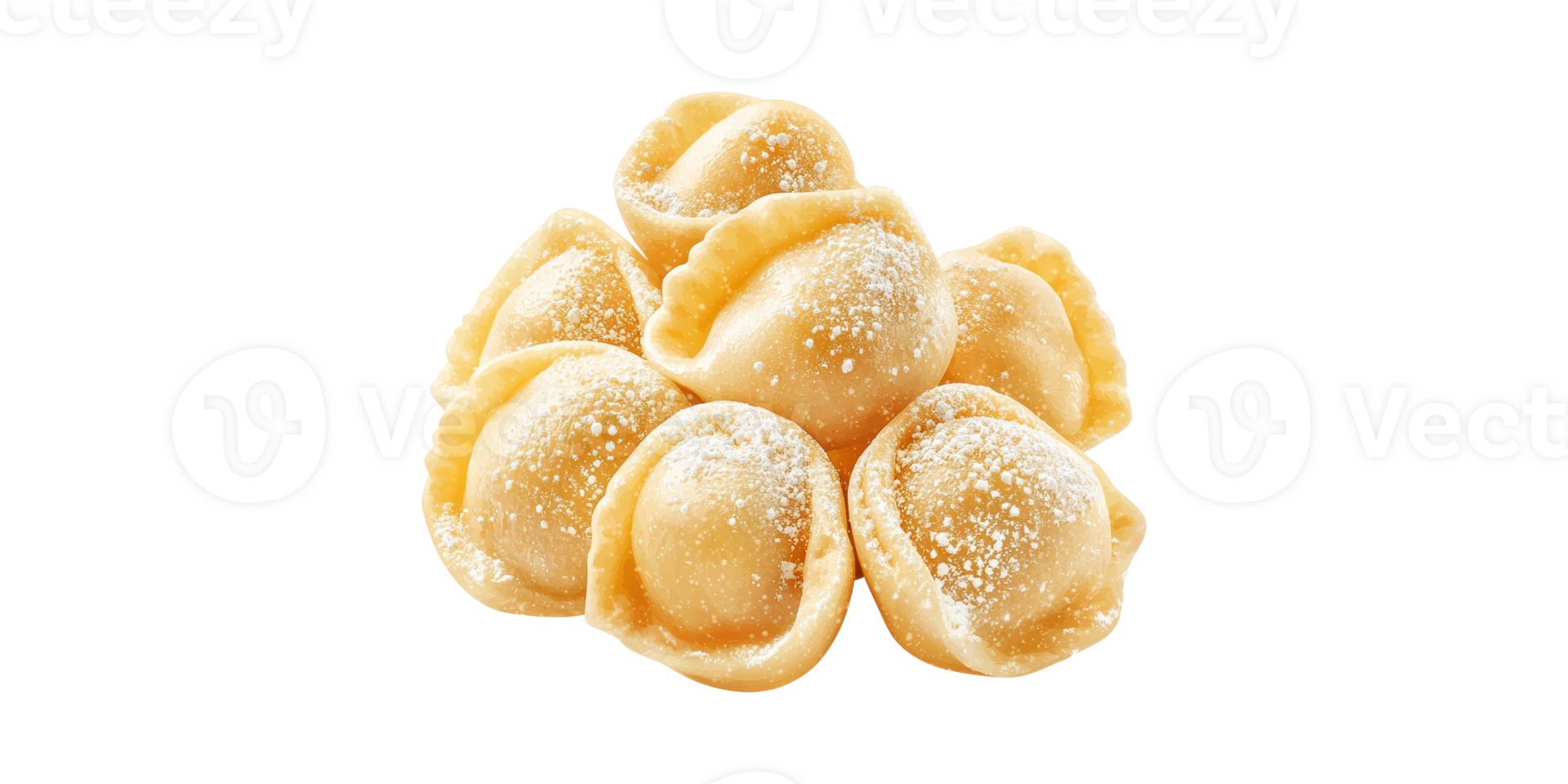 Fresh uncooked tortellini pasta pile with flour dust isolated on transparent background png