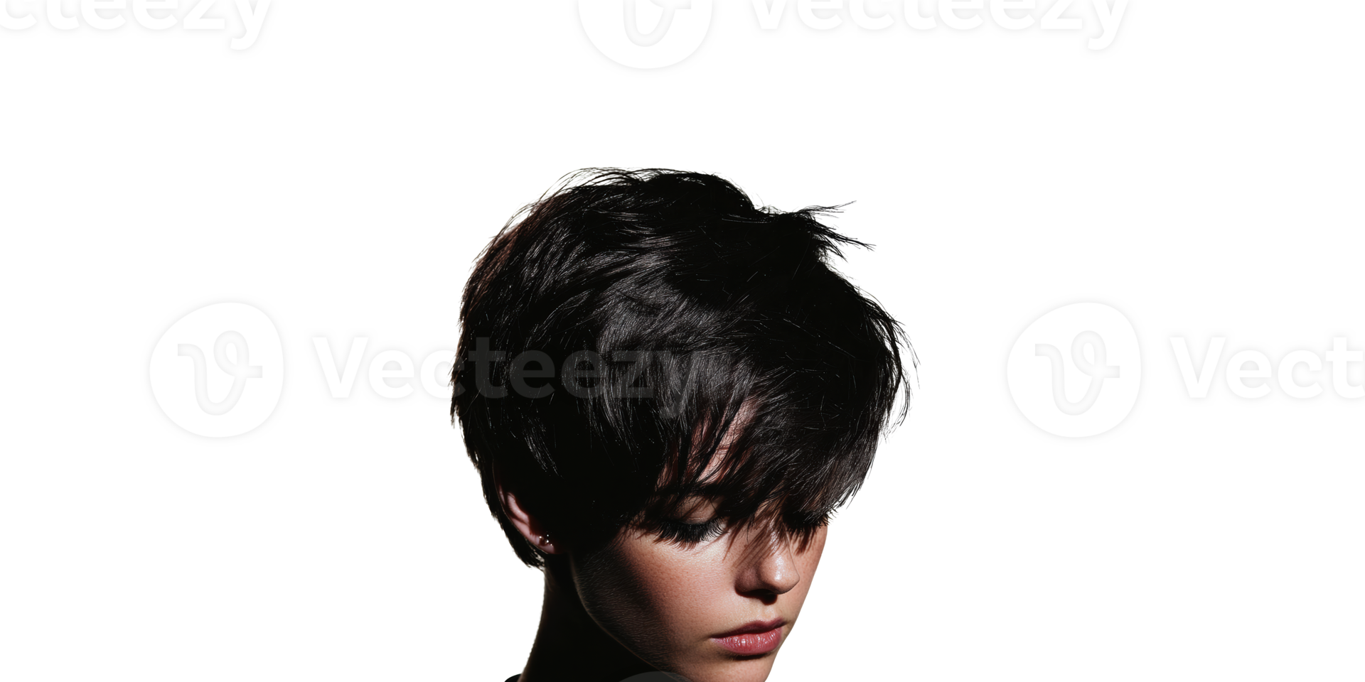 Woman with short black hair in thoughtful pose isolated on transparent background png