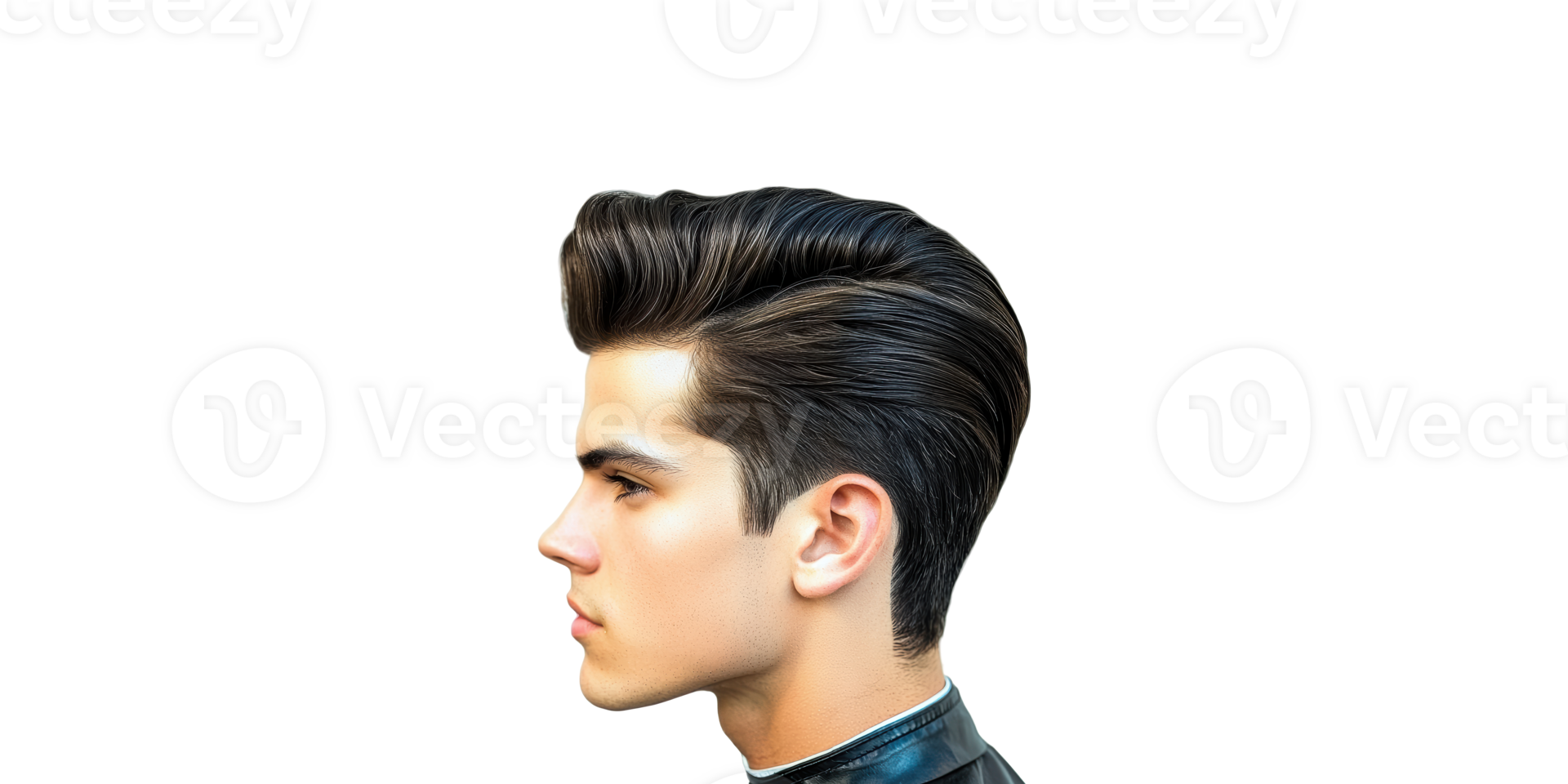 Stylish young man with slicked-back hair and leather jacket isolated on transparent background png