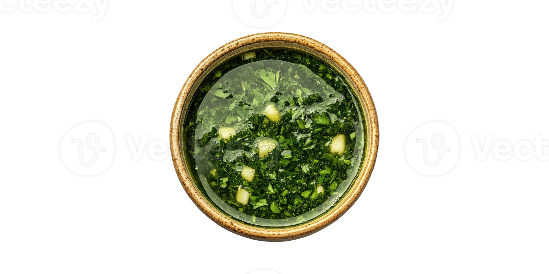 Bowl of fresh herb and garlic soup top view isolated on transparent background png