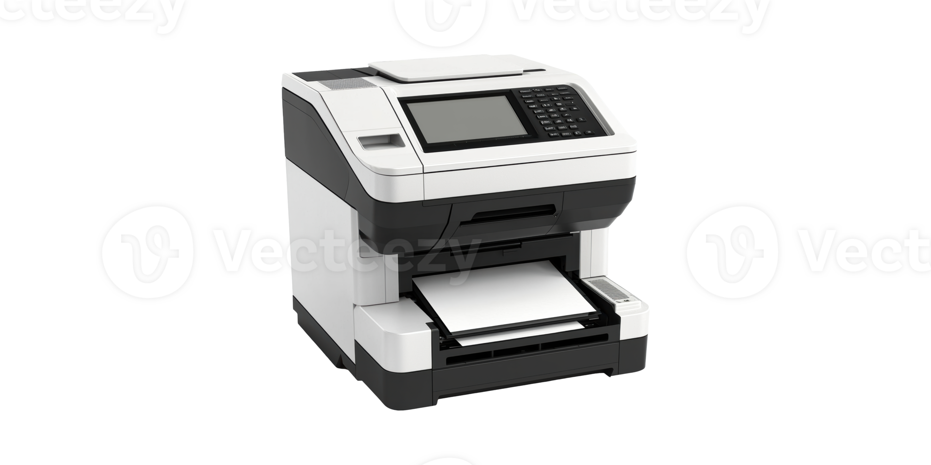 Multifunctional printer with control panel and paper tray isolated on transparent background png