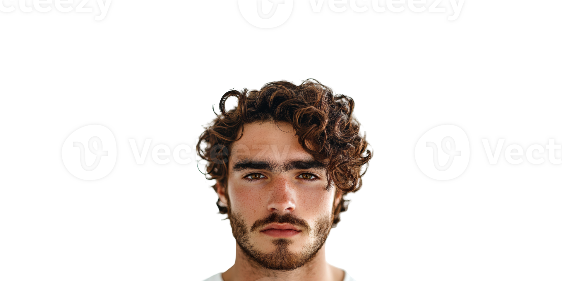 Close-up of young man with curly hair and beard, isolated on transparent background png