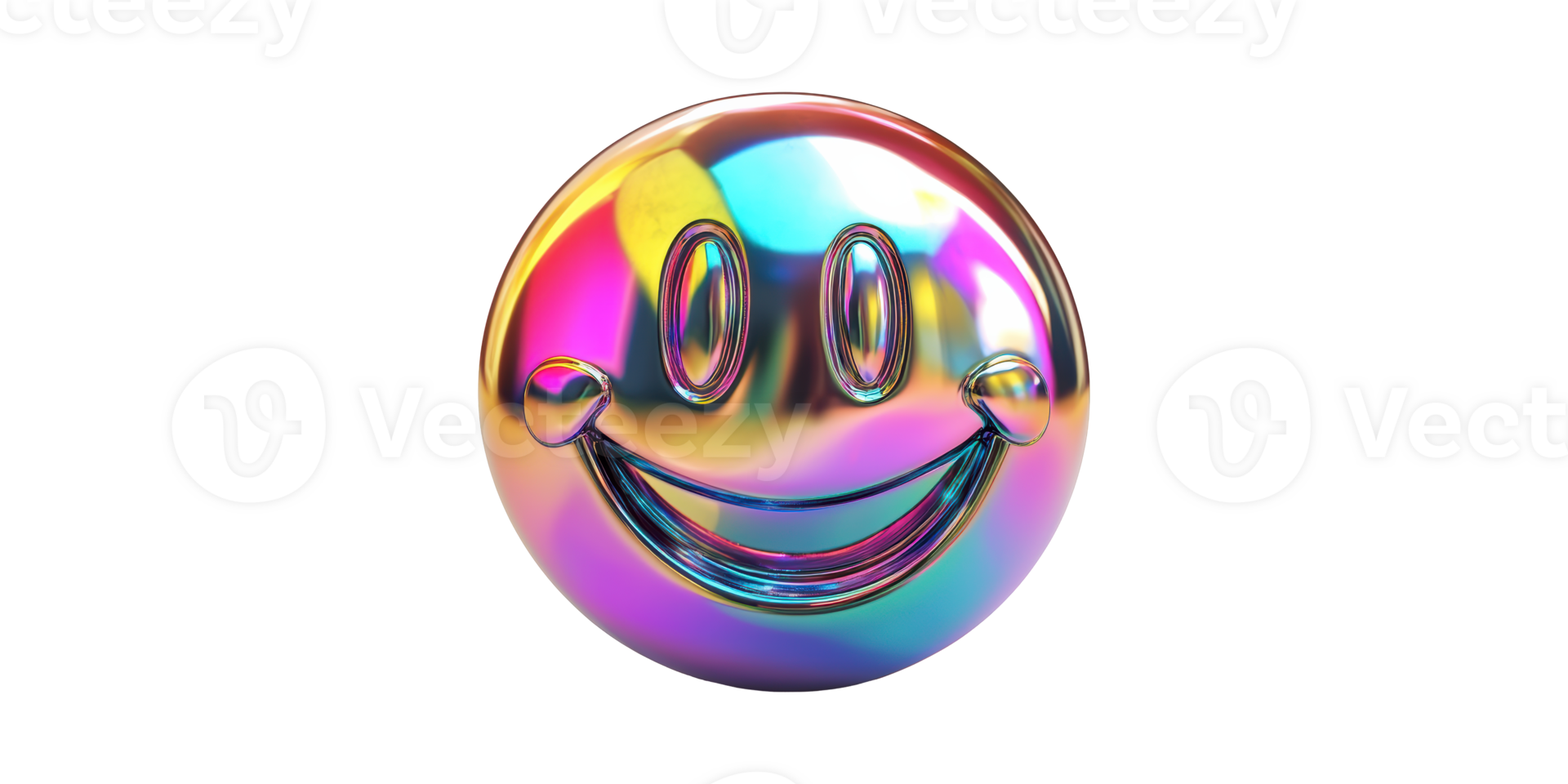 Metallic iridescent smiley face emoji with rainbow colors isolated on transparent background png