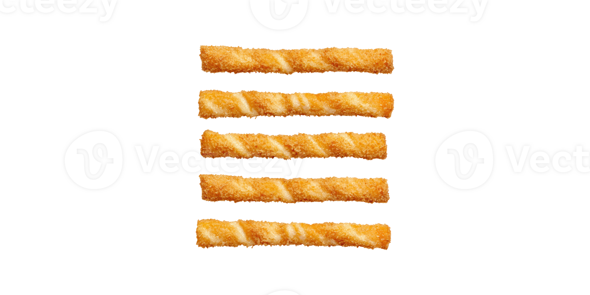 Five crunchy breadsticks in aligned row with crisp texture isolated on transparent background png