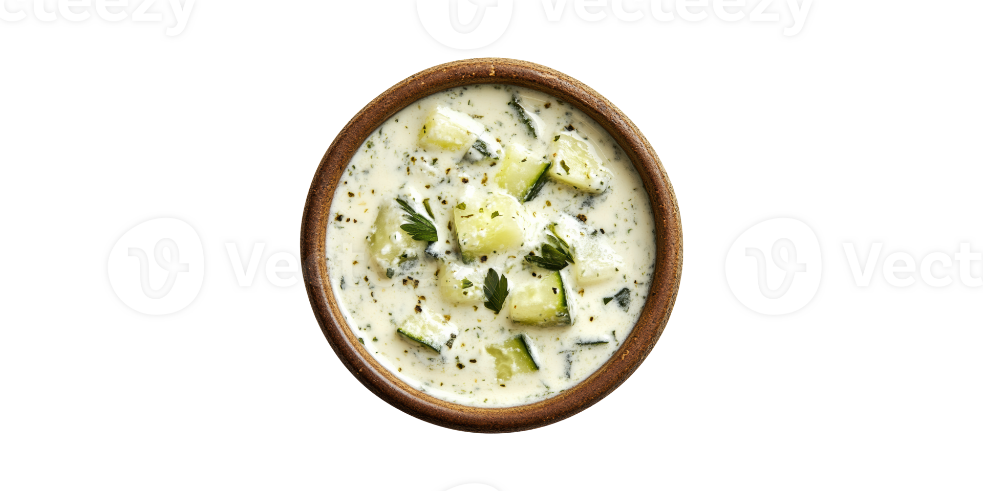 Bowl of traditional greek tzatziki sauce with cucumber cubes isolated on transparent background png