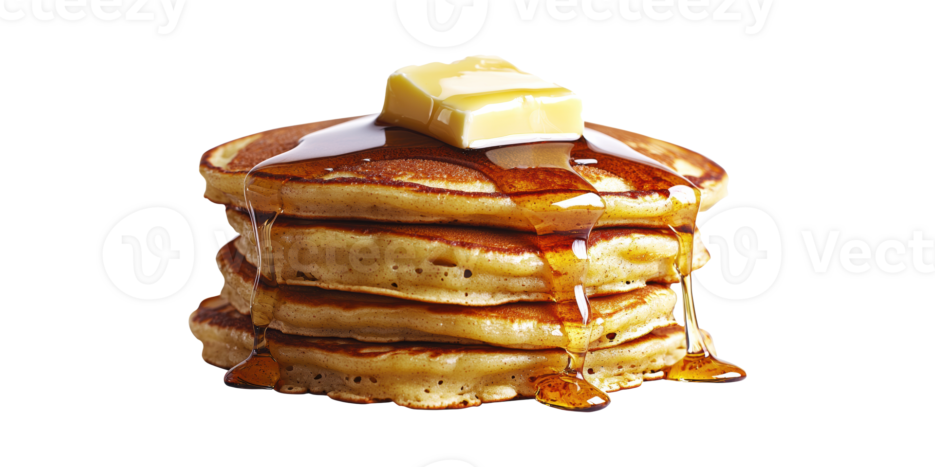 Stack of delicious pancakes with syrup and butter isolated on transparent background png