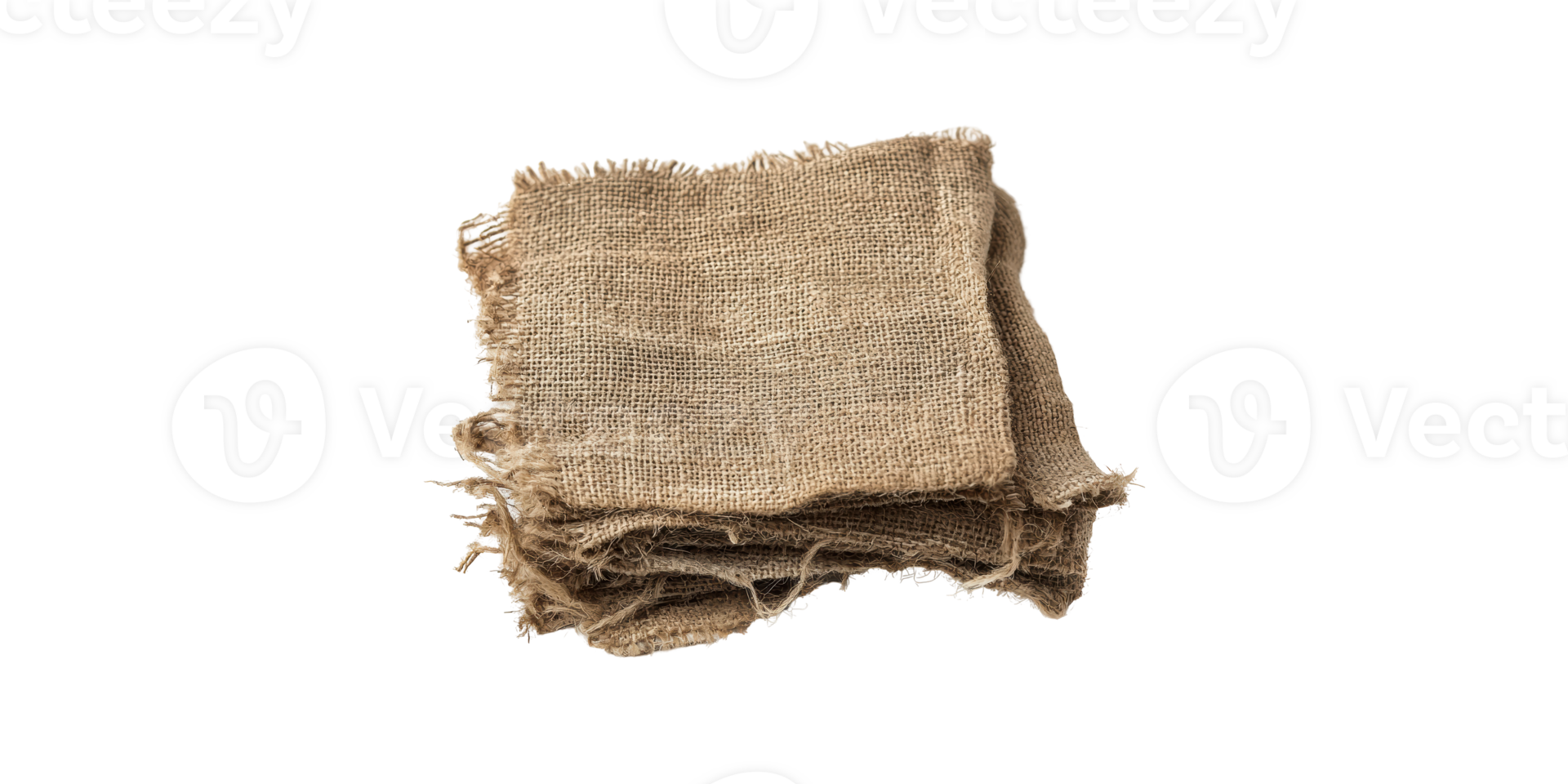 Stack of rustic burlap fabric pieces with frayed edges isolated on transparent background png