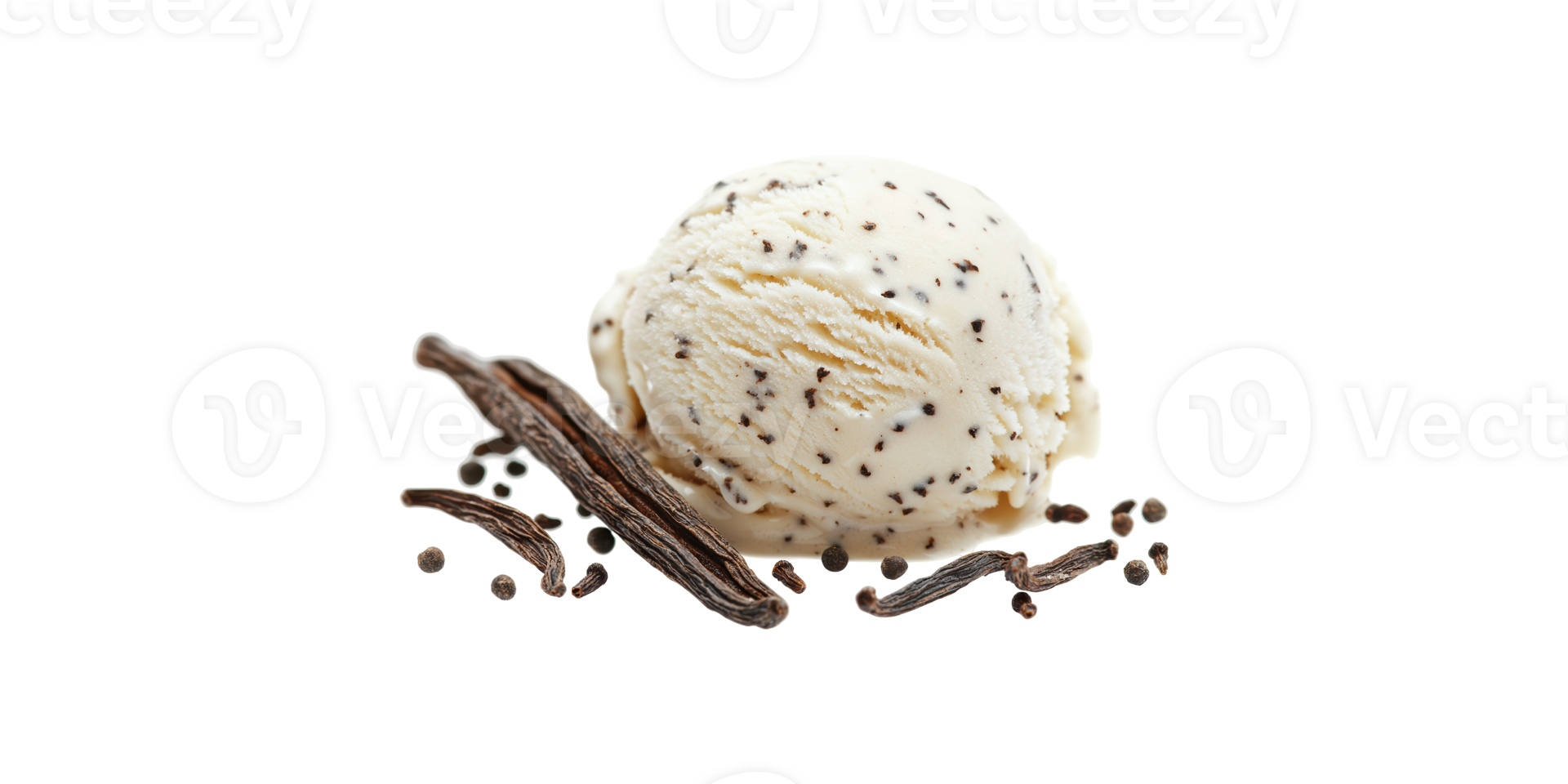 Vanilla ice cream scoop with vanilla beans and seeds isolated on transparent background png