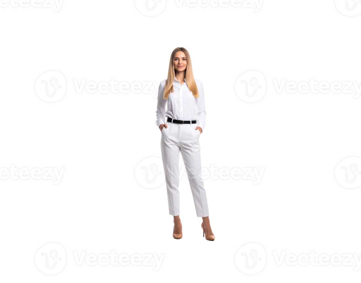 Confident Blonde Woman in White Suit with Hands in Pockets. png