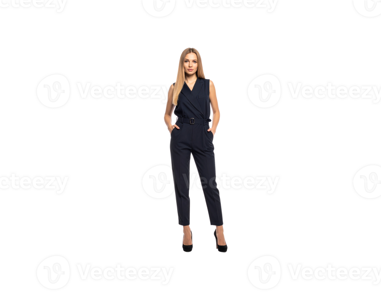 Elegant Woman in Navy Jumpsuit with Hands in Pockets Full Length. png