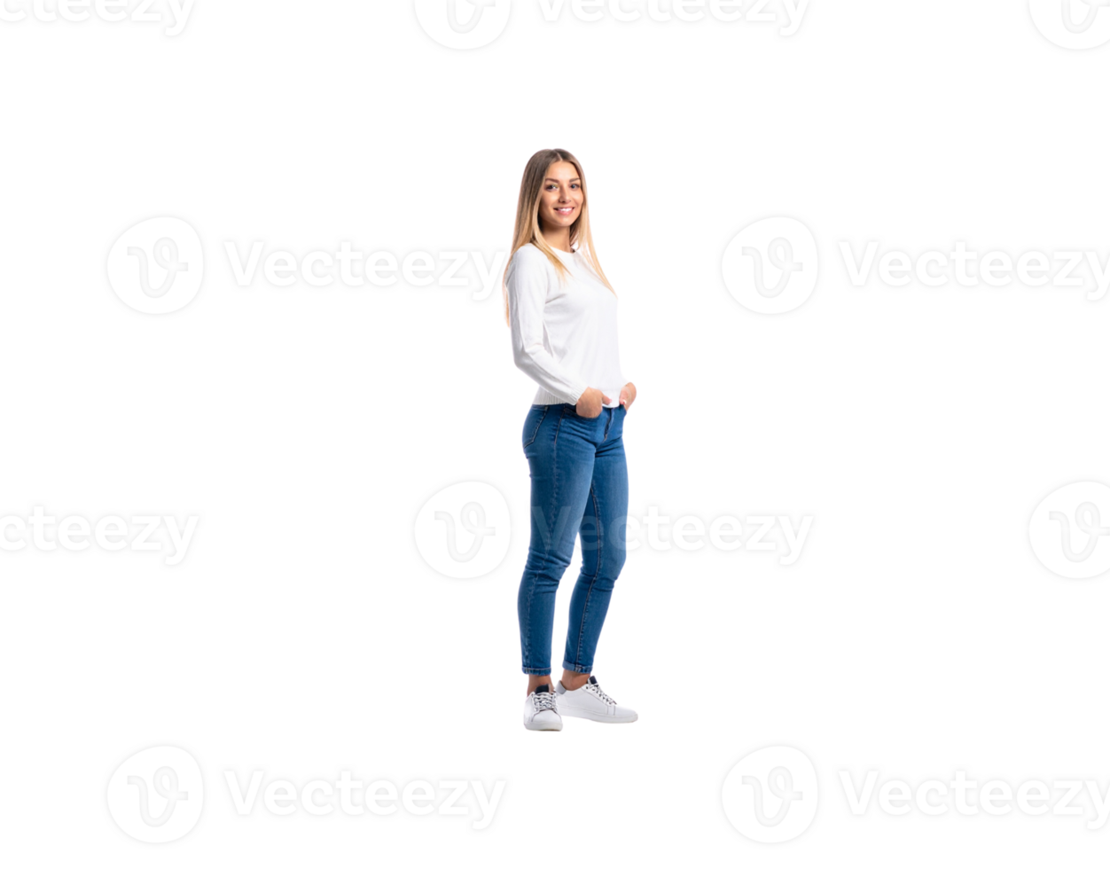 Smiling Blonde Woman in White Sweater and Blue Jeans Hands in Pockets. png