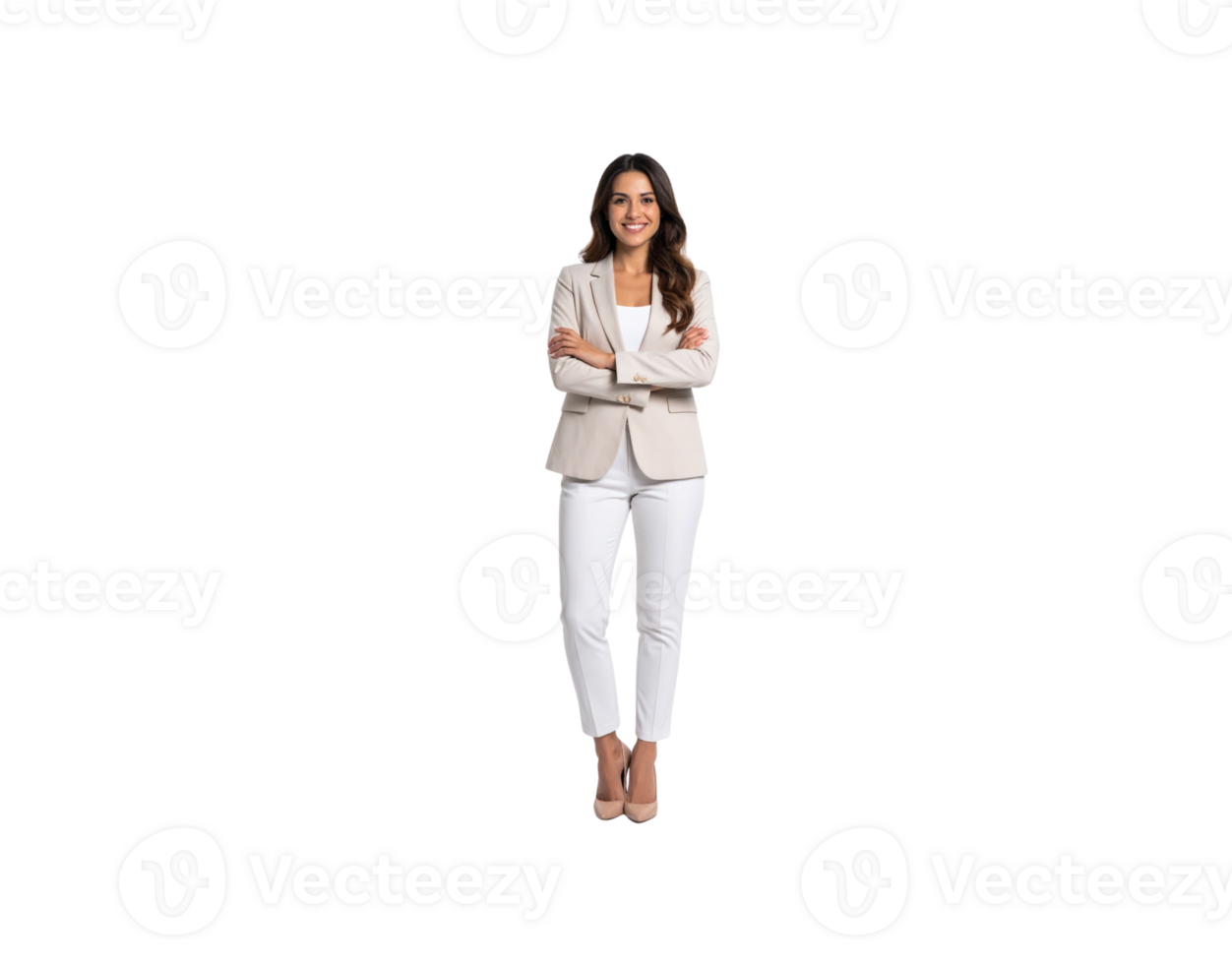Smiling Woman in Beige Blazer and White Pants with Arms Crossed. png