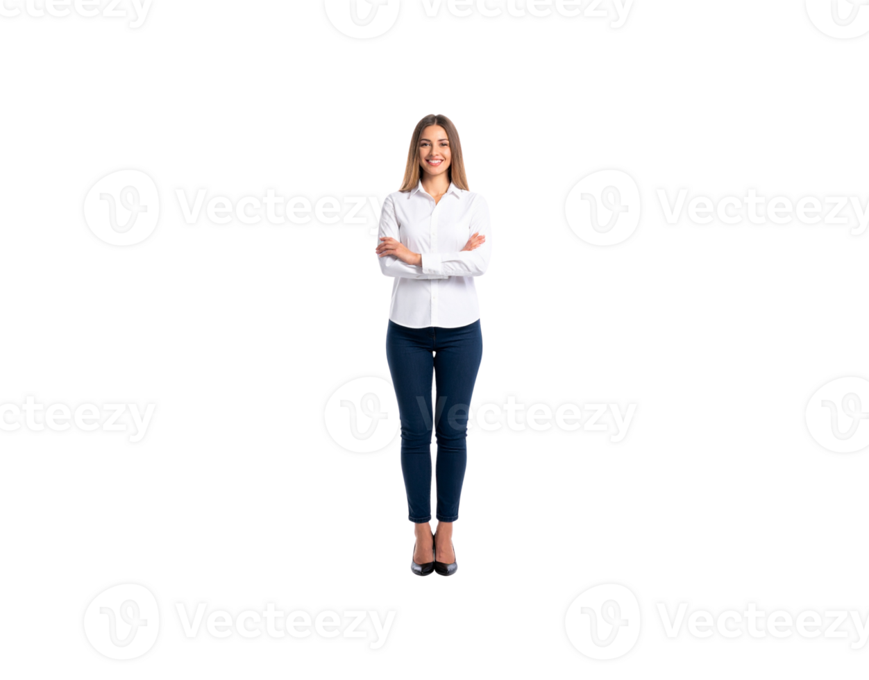 Confident Woman in White Shirt and Jeans with Arms Crossed Smiling. png