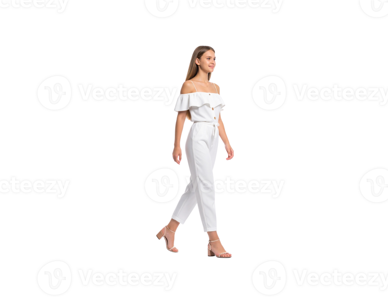 Woman in White Jumpsuit Walking with Heels. png
