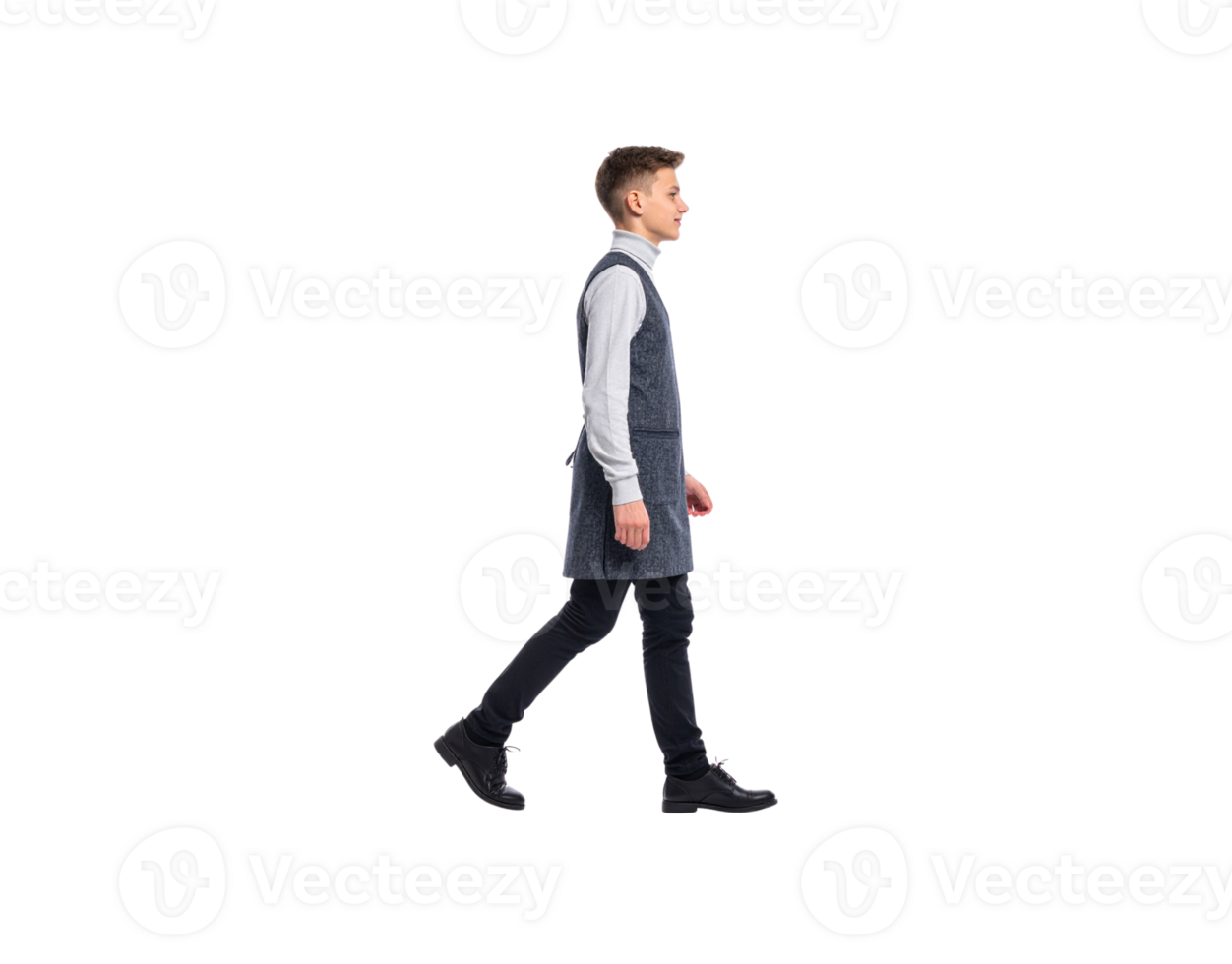 Teenager in Vest Walking Side View Black Jeans and Leather Shoes. png