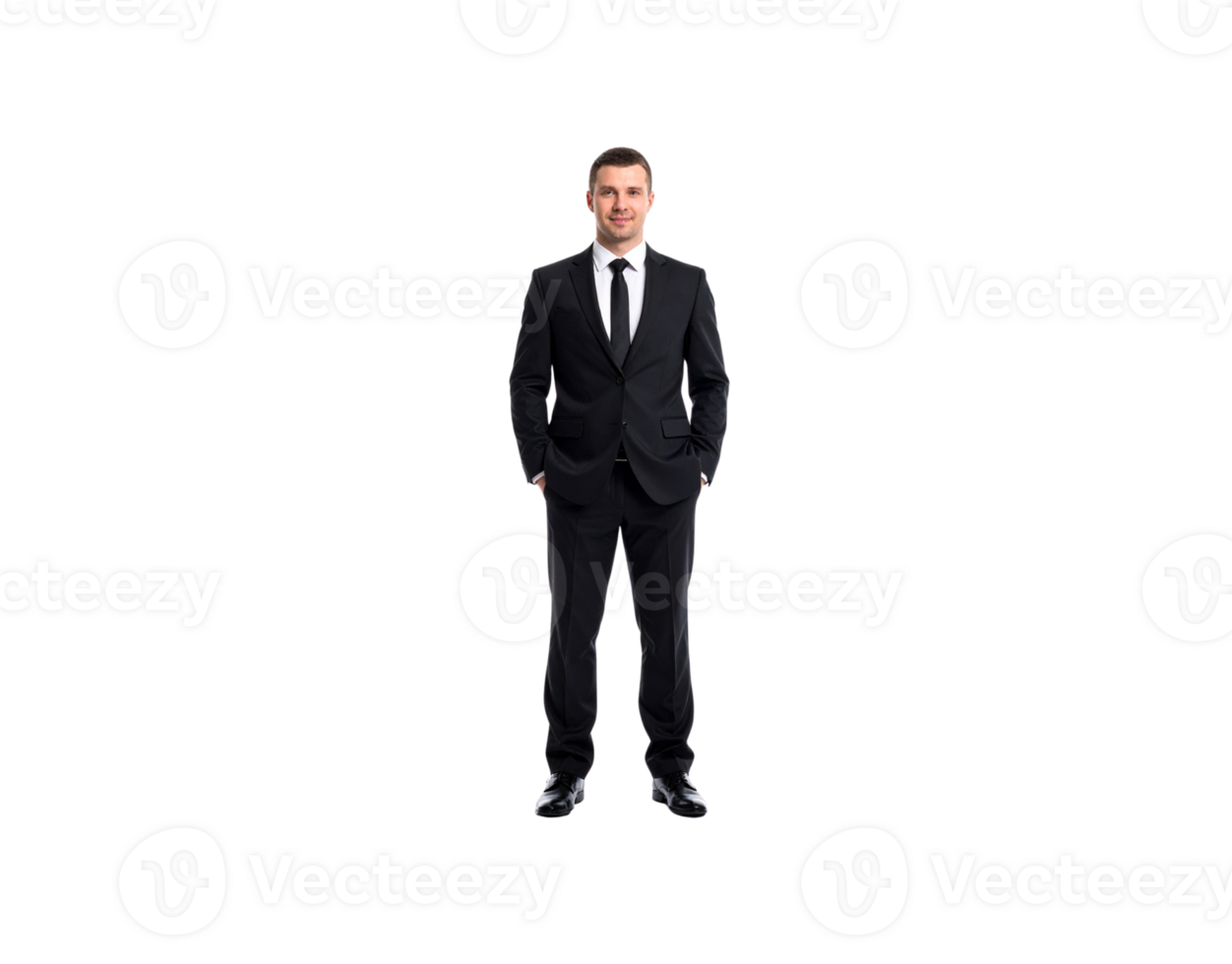 Confident Businessman in Dark Suit with Hands in Pockets Smiling. png