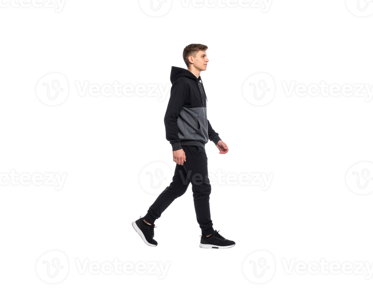 Young Man Walking in Black and Gray Hoodie and Joggers Side View. png