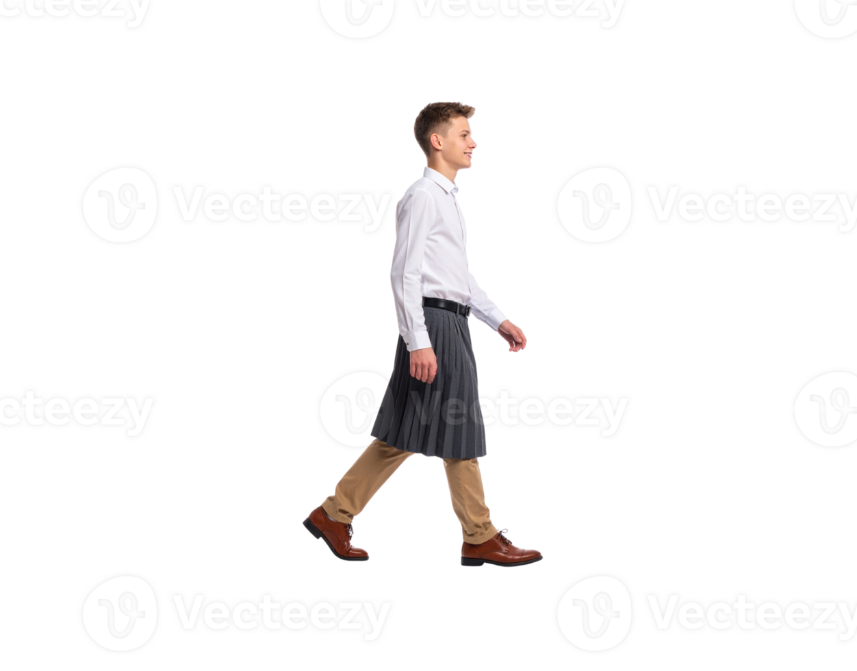 Young Man Walking in Kilt Shirt Trousers and Leather Shoes. png