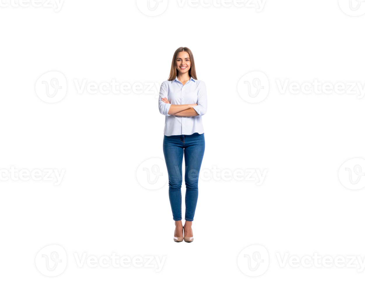 Smiling Woman in Blue Jeans and White Shirt with Arms Crossed. png