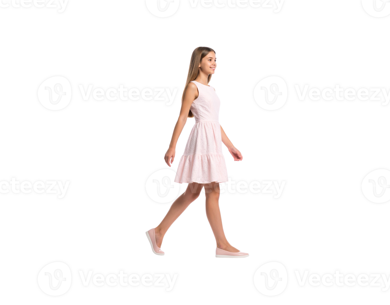 Smiling Girl Walking in Pink Dress and Ballet Flats. png