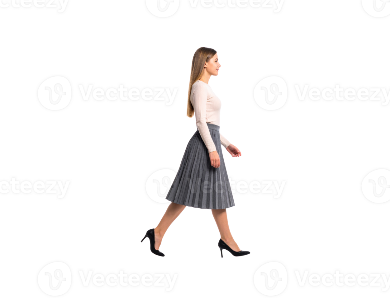 Woman Walking in Gray Pleated Skirt and Black High Heels. png