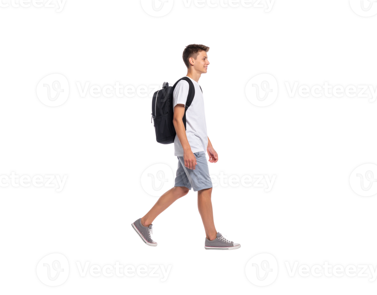 Teenager Walking with Backpack White TShirt and Gray Shorts. png