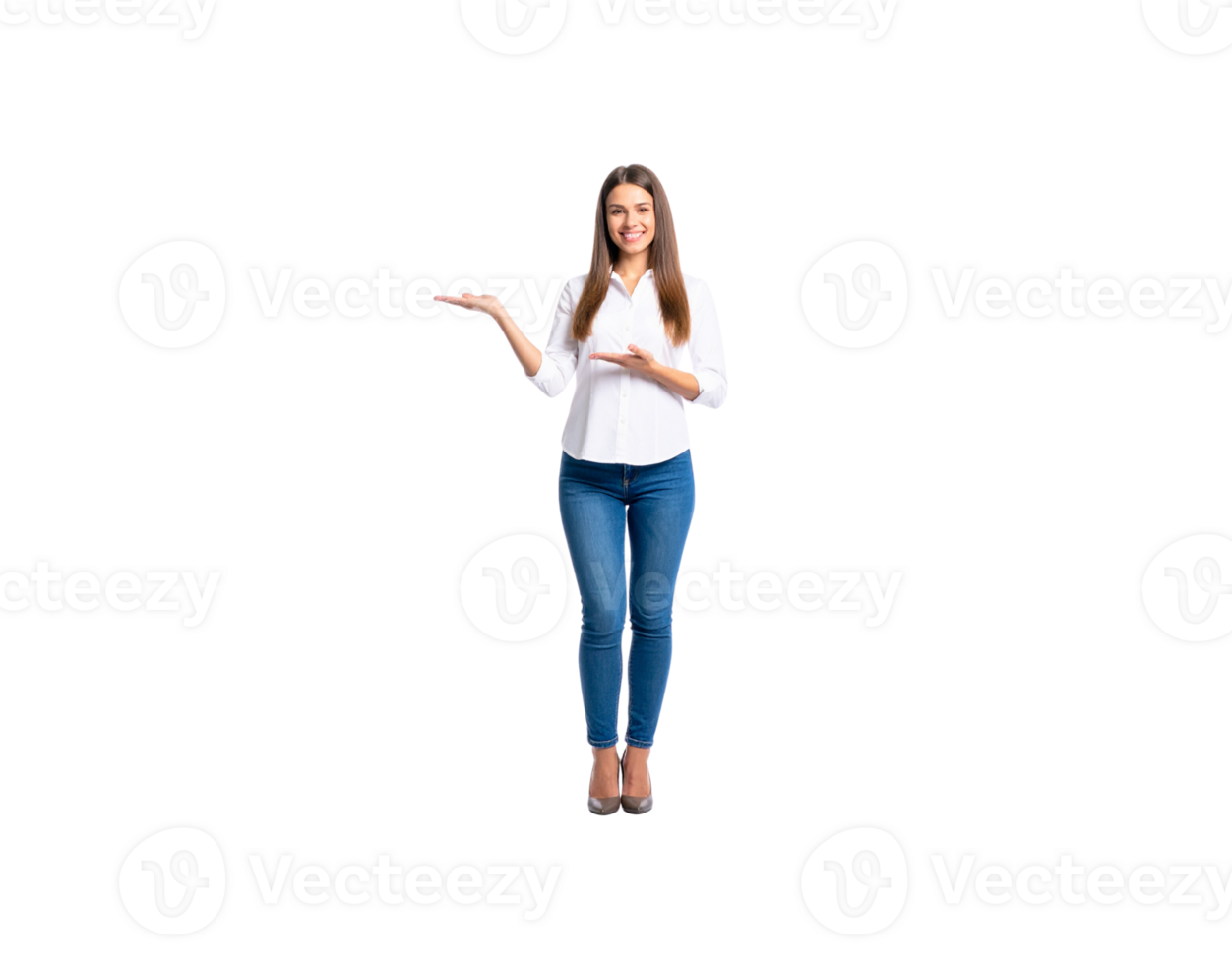 Smiling Woman in White Shirt and Jeans Presenting with Open Palms. png