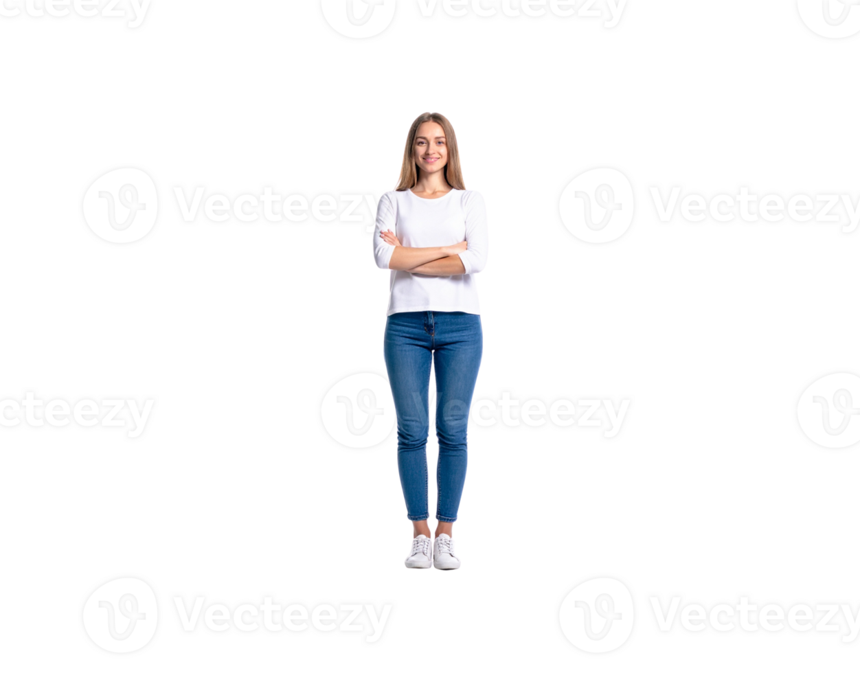 Smiling Woman with Arms Crossed in White Top and Jeans. png