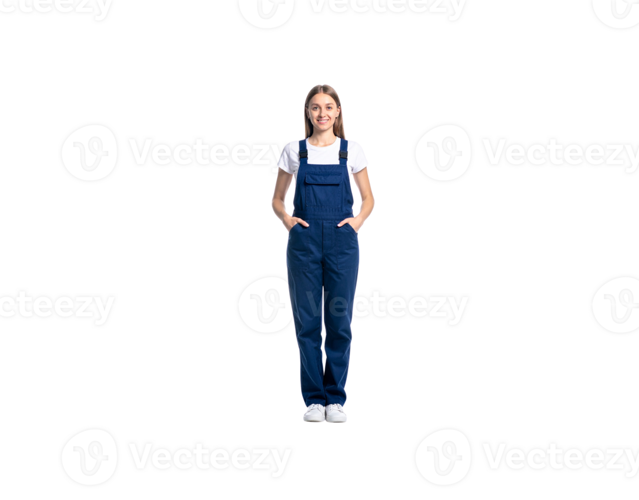 Smiling Woman in Blue Overalls and White TShirt with Hands in Pockets. png