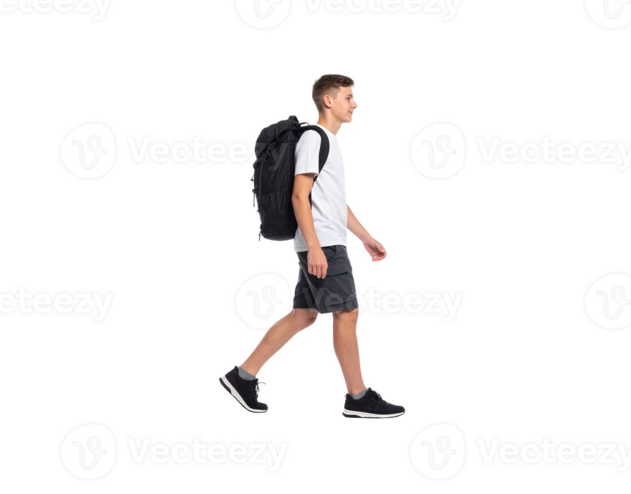Teenager Walking with Backpack Wearing White TShirt and Gray Shorts. png
