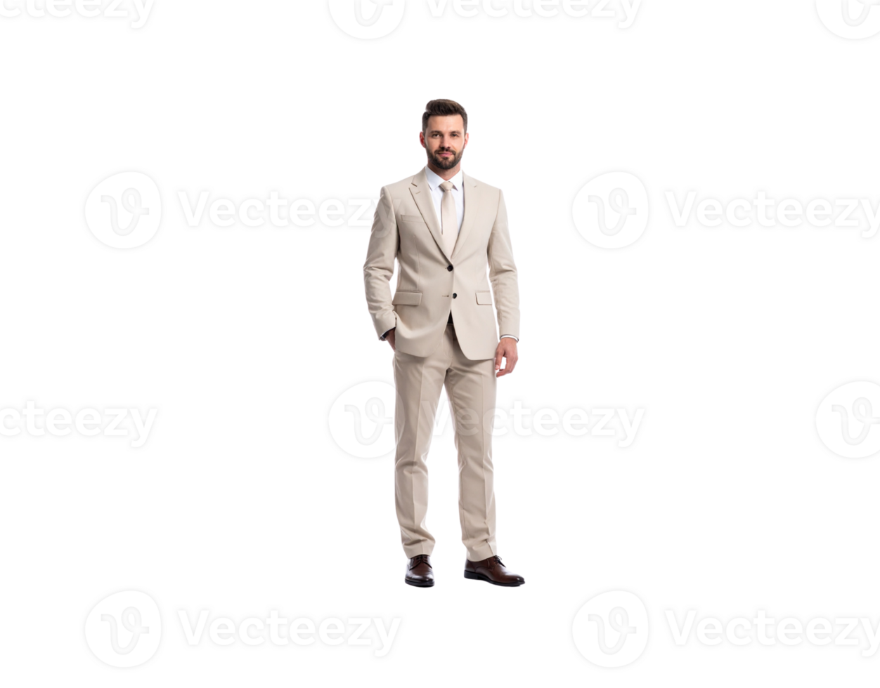Confident Man in Beige Suit with Hand in Pocket Smiling. png