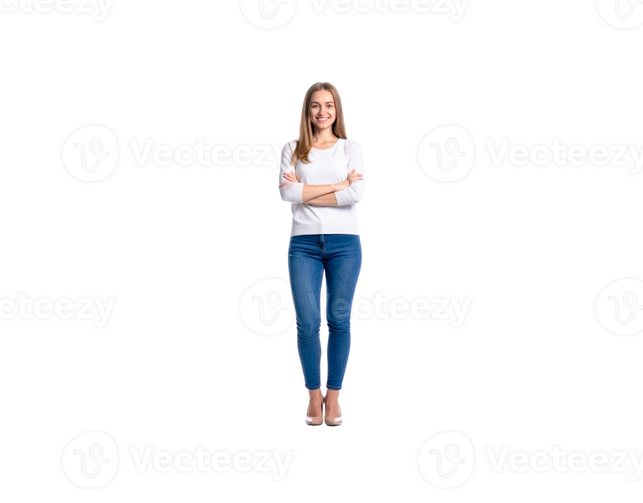 Smiling Woman with Arms Crossed Wearing White Sweater and Blue Jeans. png