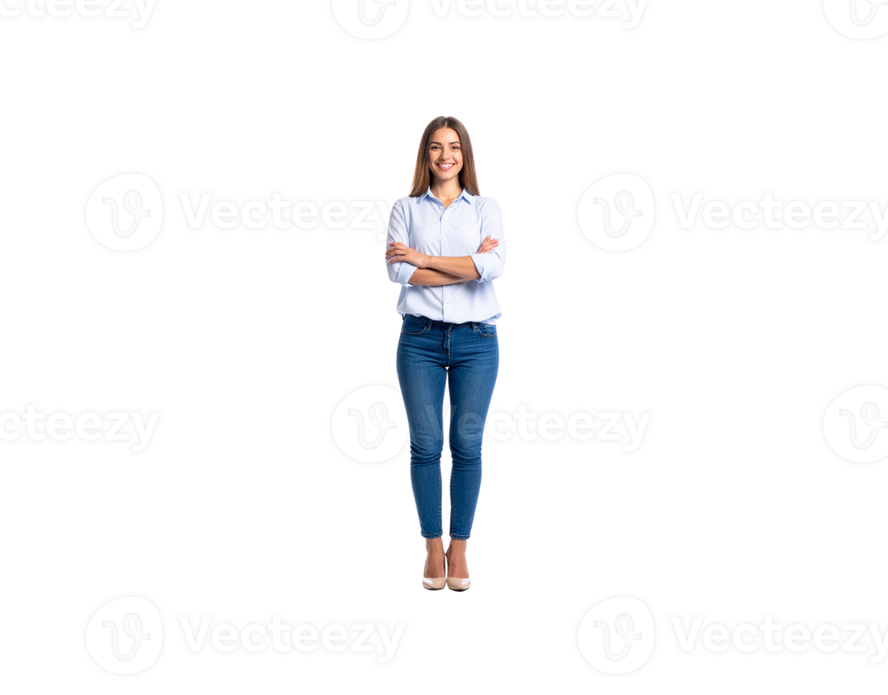 Confident Woman in Blue Shirt and Jeans with Arms Crossed Smiling. png