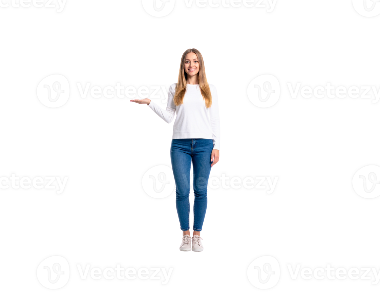 Smiling Woman in White Top and Jeans Presenting with Open Hand. png