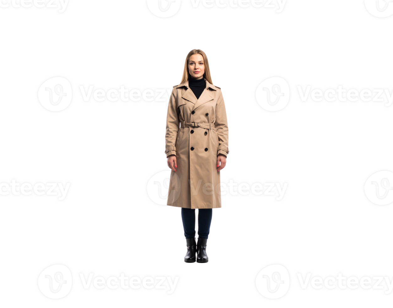 Woman in Trench Coat Blonde Belted DoubleBreasted Boots Jeans. png