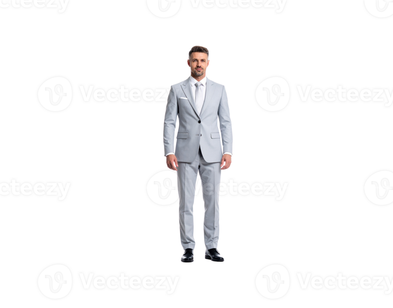 Elegant Man in Light Gray Suit with White Tie Full Shot. png