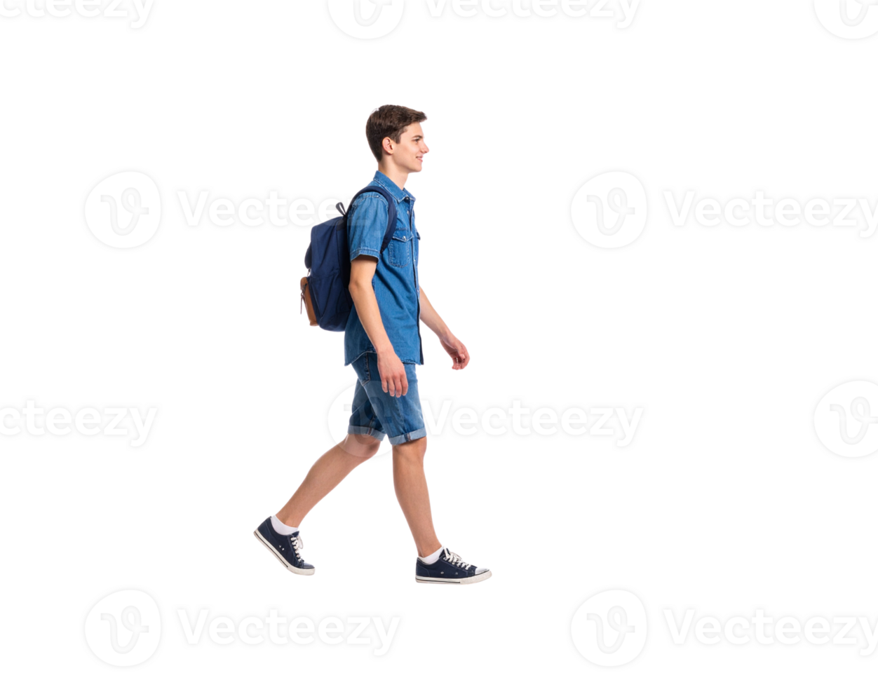 Young Man Walking with Denim Outfit and Backpack Side View. png
