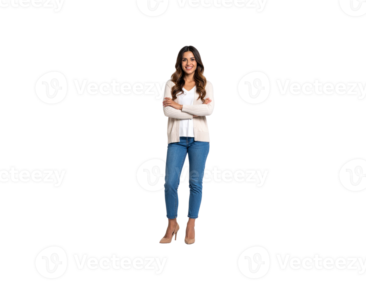 Smiling Woman with Arms Crossed in Jeans and Cardigan. png