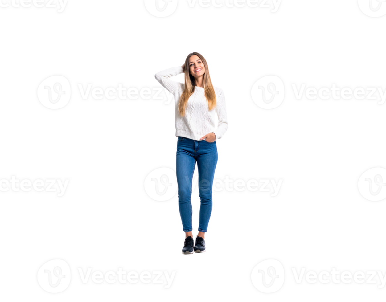 Smiling Woman in White Sweater and Jeans Posing with Hand in Hair. png